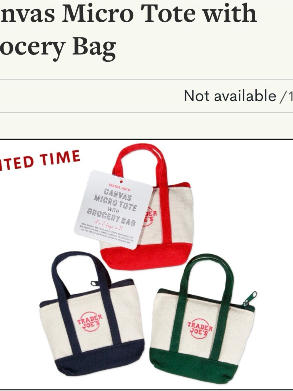 Trader Joe’s-Micro Mini Tote-Navy Canvas-Perfect Giftable-NWT